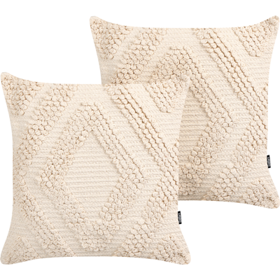 BELIANI Conjunto De 2 Cojines De Algodón Blanco Crema 45 X 45 Cm Geométrico Catalpa BELIANI Conjunto De 2 Cojines De Algodón Blanco Crema 45 X 45 Cm Geométrico Catalpa