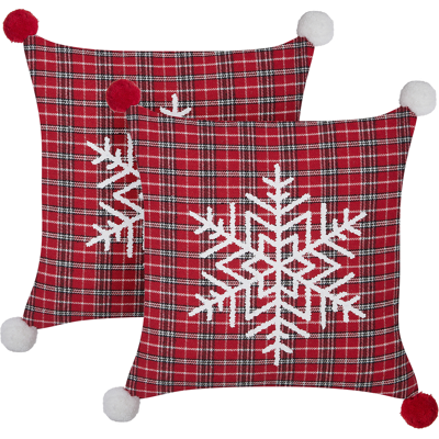 Beliani Juego de 2 Cojines - Patrón de Navidad a Cuadros Rojo Beliani Juego de 2 Cojines - Patrón de Navidad a Cuadros Rojo