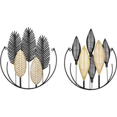 Set De 2 Decoraciones De Pared 3d De Metal Con Hojas, Negro Y Natural, 40 X 46 Cm Modenuit Set De 2 Decoraciones De Pared 3d De Metal Con Hojas, Negro Y Natural, 40 X 46 Cm Modenuit