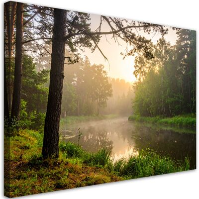 FEEBY Cuadro En Lienzo, Lago En El Bosque Niebla Por La Mañana, 90x60 FEEBY Cuadro En Lienzo, Lago En El Bosque Niebla Por La Mañana, 90x60