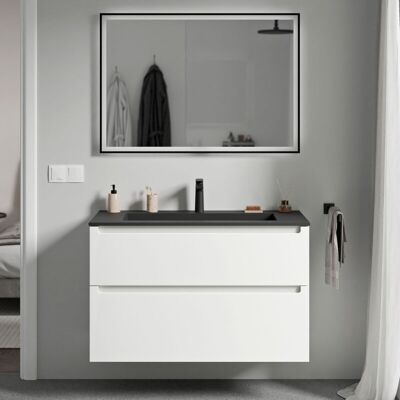 Bernstein - Mueble Lavabo Suspendido Mdf Blanco Mate, Lavabo Fundición Negro Mate + Orificio Grifería, Cajone Giratorio 80x46x62cm Vireo Blanco Mate, Negro Mate Con Orificio Para Grifo. Bernstein - Mueble Lavabo Suspendido Mdf Blanco Mate, Lavabo Fundición Negro Mate + Orificio Grifería, Cajone Giratorio 80x46x62cm Vireo Blanco Mate, Negro Mate Con Orificio Para Grifo.