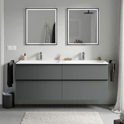 Bernstein - Mueble Lavabo Suspendido Mdf Antracita Mate, Lavabo Fundición Blanco Mate + Orificio Grifería, Tirador Cromado 160x46x62cm Lavoa Antracita Mate, Cromo, Blanco Mate Con Orificio Para Grifo. Bernstein - Mueble Lavabo Suspendido Mdf Antracita Mate, Lavabo Fundición Blanco Mate + Orificio Grifería, Tirador Cromado 160x46x62cm Lavoa Antracita Mate, Cromo, Blanco Mate Con Orificio Para Grifo.