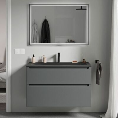 Bernstein - Mueble Lavabo Suspendido Mdf Antracita Mate, Lavabo + Orificio Grifería Fundición Negro Mate, Cajone Giratorio 100x46x62cm Vireo Antracita Mate, Negro Mate Con Orificio Para Grifo. Bernstein - Mueble Lavabo Suspendido Mdf Antracita Mate, Lavabo + Orificio Grifería Fundición Negro Mate, Cajone Giratorio 100x46x62cm Vireo Antracita Mate, Negro Mate Con Orificio Para Grifo.
