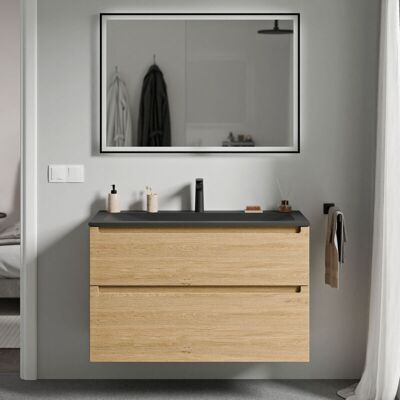 Bernstein - Mueble Lavabo Suspendido Mdf Roble Miel, Lavabo Fundición Negro Mate + Orificio Grifería, Cajone Giratorio 100x46x62cm Vireo Roble Miel Oro, Negro Mate Con Orificio Para Grifo. Bernstein - Mueble Lavabo Suspendido Mdf Roble Miel, Lavabo Fundición Negro Mate + Orificio Grifería, Cajone Giratorio 100x46x62cm Vireo Roble Miel Oro, Negro Mate Con Orificio Para Grifo.