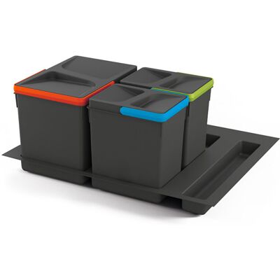 Kit De Contenedores De Reciclaje Para Cajón De Cocina Con Base Recycle Altura 216mm, 1x12litros, 2x6litros, Módulo 600mm, Plástico Gris Antracita - Emuca Kit De Contenedores De Reciclaje Para Cajón De Cocina Con Base Recycle Altura 216mm, 1x12litros, 2x6litros, Módulo 600mm, Plástico Gris Antracita - Emuca