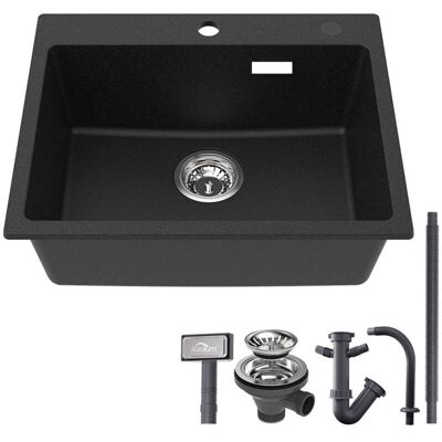 AURALUM Fregadero De Cocina De Granito Y Resina 55x45cm Fregaderos Sobrepuesto De Una Cubeta Con Desagüe Y Sifón, Fregadero Cocina Sobre Encimera, Negro Granito AURALUM Fregadero De Cocina De Granito Y Resina 55x45cm Fregaderos Sobrepuesto De Una Cubeta Con Desagüe Y Sifón, Fregadero Cocina Sobre Encimera, Negro Granito