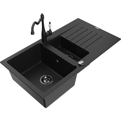 Mexen Matias Fregadero De Granito 1,5 Cuencas Con Escurridor Y Grifo De Cocina Carla, Negro - 6502-77-670700-70-b Mexen Matias Fregadero De Granito 1,5 Cuencas Con Escurridor Y Grifo De Cocina Carla, Negro - 6502-77-670700-70-b