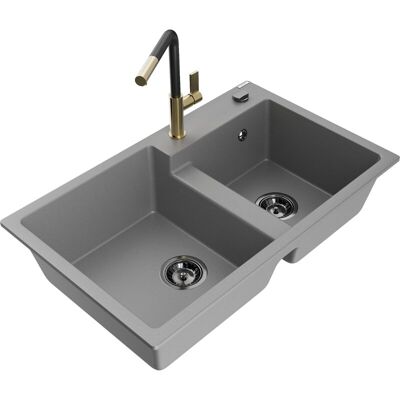 Mexen Tomas Fregadero De Granito De 2 Senos Con Grifo De Cocina Flora, Gris - 6516-71-670401-57-b Mexen Tomas Fregadero De Granito De 2 Senos Con Grifo De Cocina Flora, Gris - 6516-71-670401-57-b