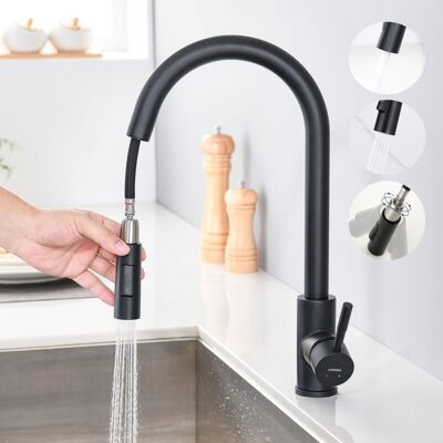 AURALUM Negro Grifo De Cocina Extraíble Con 2 Funciones, 360° Grifo De Fregadero Monomando Cocina En Acero Inoxidable, Mezclador De Fregadero Agua Frío Y Calor Disponibles AURALUM Negro Grifo De Cocina Extraíble Con 2 Funciones, 360° Grifo De Fregadero Monomando Cocina En Acero Inoxidable, Mezclador De Fregadero Agua Frío Y Calor Disponibles