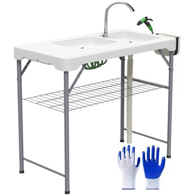 Mesa Para Limpiar Pescado Portátil Mesa Plegable Para Camping Con 2 Fregaderos Manguera De Drenaje Estación De Limpieza Y Grifo Blanco - Outsunny Mesa Para Limpiar Pescado Portátil Mesa Plegable Para Camping Con 2 Fregaderos Manguera De Drenaje Estación De Limpieza Y Grifo Blanco - Outsunny