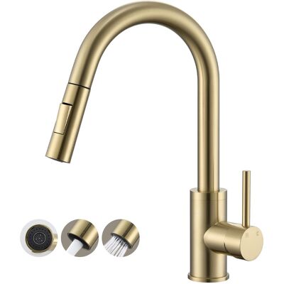 OEM Grifo Mezclador De Cocina Con Caño Extraíble En Acero Inoxidable Dorado Cepillado - Grifo De Cocina Con Caño Alto Giratorio 360°, Monomando Dorado, Incluye Mangueras De Conexión Flexibles. OEM Grifo Mezclador De Cocina Con Caño Extraíble En Acero Inoxidable Dorado Cepillado - Grifo De Cocina Con Caño Alto Giratorio 360°, Monomando Dorado, Incluye Mangueras De Conexión Flexibles.