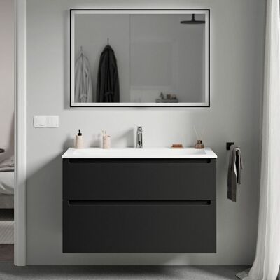 Bernstein - Mueble Lavabo Suspendido Mdf Negro Mate, Lavabo Fundición Blanco Mate + Orificio Grifería, Cajone Giratorio 100x46x62cm Vireo Negro Mate, Blanco Mate Con Orificio Para Grifo. Bernstein - Mueble Lavabo Suspendido Mdf Negro Mate, Lavabo Fundición Blanco Mate + Orificio Grifería, Cajone Giratorio 100x46x62cm Vireo Negro Mate, Blanco Mate Con Orificio Para Grifo.