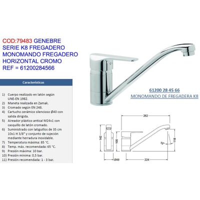 Genebre Grifo K8 Monomand Fregadero Horizontal Cr 61200284566 Genebre Grifo K8 Monomand Fregadero Horizontal Cr 61200284566
