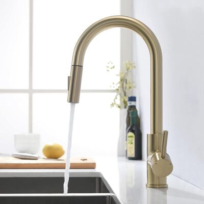 OEM Grifo De Cocina Color Oro Cepillado Con Rociador Extraíble, Mezclador Giratorio De 360° Para Fregadero De Cocina. OEM Grifo De Cocina Color Oro Cepillado Con Rociador Extraíble, Mezclador Giratorio De 360° Para Fregadero De Cocina.