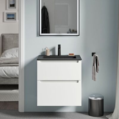 Bernstein - Mueble Lavabo Suspendido Mdf Blanco Mate, Lavabo Fundición Negro Mate + Orificio Grifería, Cajone Giratorio 60x46x62cm Vireo Blanco Mate, Negro Mate Con Orificio Para Grifo. Bernstein - Mueble Lavabo Suspendido Mdf Blanco Mate, Lavabo Fundición Negro Mate + Orificio Grifería, Cajone Giratorio 60x46x62cm Vireo Blanco Mate, Negro Mate Con Orificio Para Grifo.