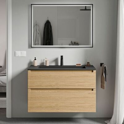 Bernstein - Mueble Lavabo Suspendido Mdf Roble Miel, Lavabo Fundición Negro Mate + Orificio Grifería, Cajone Giratorio 100x46x62cm Vireo Roble Miel Oro, Negro Mate Con Orificio Para Grifo. Bernstein - Mueble Lavabo Suspendido Mdf Roble Miel, Lavabo Fundición Negro Mate + Orificio Grifería, Cajone Giratorio 100x46x62cm Vireo Roble Miel Oro, Negro Mate Con Orificio Para Grifo.