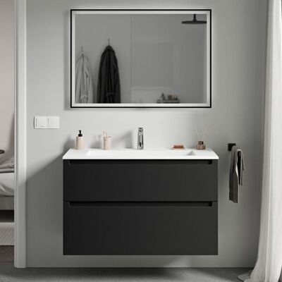 Bernstein - Mueble Lavabo Suspendido Mdf Negro Mate, Lavabo Fundición Blanco Mate + Orificio Grifería, Cajone Giratorio 100x46x62cm Vireo Negro Mate, Blanco Mate Con Orificio Para Grifo. Bernstein - Mueble Lavabo Suspendido Mdf Negro Mate, Lavabo Fundición Blanco Mate + Orificio Grifería, Cajone Giratorio 100x46x62cm Vireo Negro Mate, Blanco Mate Con Orificio Para Grifo.