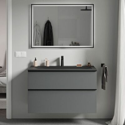 Bernstein - Mueble Lavabo Suspendido Mdf Antracita Mate, Lavabo Fundición Negro Mate + Orificio Grifería, Tirador Cromado 100x46x62cm - Lavoa Antracita Mate, Cromo, Negro Mate Con Orificio Para Grifo. Bernstein - Mueble Lavabo Suspendido Mdf Antracita Mate, Lavabo Fundición Negro Mate + Orificio Grifería, Tirador Cromado 100x46x62cm - Lavoa Antracita Mate, Cromo, Negro Mate Con Orificio Para Grifo.