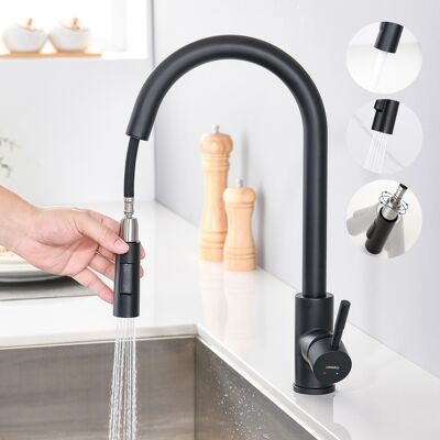AURALUM Negro Grifo De Cocina Extraíble Con 2 Funciones, 360° Grifo De Fregadero Monomando Cocina En Acero Inoxidable, Mezclador De Fregadero Agua Frío Y Calor Disponibles AURALUM Negro Grifo De Cocina Extraíble Con 2 Funciones, 360° Grifo De Fregadero Monomando Cocina En Acero Inoxidable, Mezclador De Fregadero Agua Frío Y Calor Disponibles