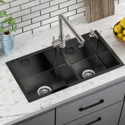 Fregadero de Cocina de Color Gris Oscuro con Dos Senos - Acero Inoxidable y Dispensador Fregadero de Cocina de Color Gris Oscuro con Dos Senos - Acero Inoxidable y Dispensador