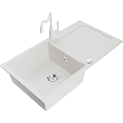 Mexen Leo Fregadero De Granito De 1 Cubeta Con Escurridor Y Grifo De Cocina Carla, Blanco - 6501-20-670700-20 Mexen Leo Fregadero De Granito De 1 Cubeta Con Escurridor Y Grifo De Cocina Carla, Blanco - 6501-20-670700-20