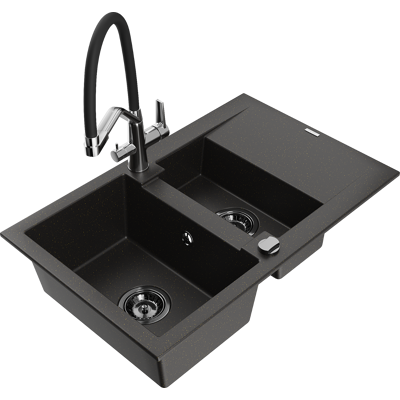 Mexen Gaspar Fregadero De Granito De 1,5 Senos Con Escurridor Y Grifo De Cocina Duo, Negro/metal Dorado - 6507-75-671701-07-b Mexen Gaspar Fregadero De Granito De 1,5 Senos Con Escurridor Y Grifo De Cocina Duo, Negro/metal Dorado - 6507-75-671701-07-b