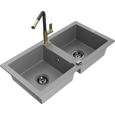 Mexen Mario Fregadero De Granito De 2 Senos Con Grifo De Cocina Flora, Gris - 6504-71-670401-57-b Mexen Mario Fregadero De Granito De 2 Senos Con Grifo De Cocina Flora, Gris - 6504-71-670401-57-b