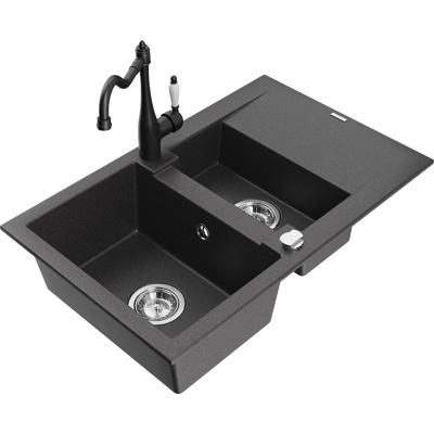 Mexen Gaspar Fregadero De Granito De 1,5 Senos Con Escurridor Y Grifo De Cocina Carla, Negro Moteado - 6507-76-670700-70 Mexen Gaspar Fregadero De Granito De 1,5 Senos Con Escurridor Y Grifo De Cocina Carla, Negro Moteado - 6507-76-670700-70