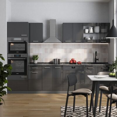 Vicco - Mueble De Cocina R-line, Antracita Brillo Intenso/antracita, 300 Cm Con Armario Alto, Et Mármol Vicco - Mueble De Cocina R-line, Antracita Brillo Intenso/antracita, 300 Cm Con Armario Alto, Et Mármol