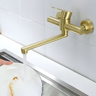 OEM Grifo De Cocina Crezuo De Pared Giratorio 360°, Monomando Para Fregadero, Fabricado En Acero Inoxidable 304, Color Oro Cepillado.-crezuo OEM Grifo De Cocina Crezuo De Pared Giratorio 360°, Monomando Para Fregadero, Fabricado En Acero Inoxidable 304, Color Oro Cepillado.-crezuo