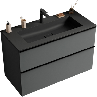 Bernstein - Mueble Lavabo Suspendido Mdf Antracita Mate, Lavabo Fundición Negro Mate + Orificio Grifería, Tirador Cromado 100x46x62cm - Lavoa Antracita Mate, Cromo, Negro Mate Con Orificio Para Grifo. Bernstein - Mueble Lavabo Suspendido Mdf Antracita Mate, Lavabo Fundición Negro Mate + Orificio Grifería, Tirador Cromado 100x46x62cm - Lavoa Antracita Mate, Cromo, Negro Mate Con Orificio Para Grifo.