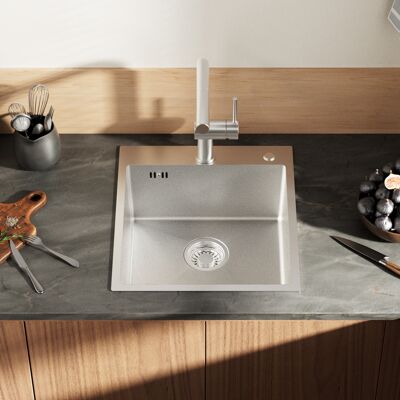 AURALUM Fregadero Cocina Acero Inoxidable 44x49 Cm - Pila Sobreencimera Con 2 Agujeros Para Grifo + Desagüe Y Sifón Incluidos, Plateado AURALUM Fregadero Cocina Acero Inoxidable 44x49 Cm - Pila Sobreencimera Con 2 Agujeros Para Grifo + Desagüe Y Sifón Incluidos, Plateado