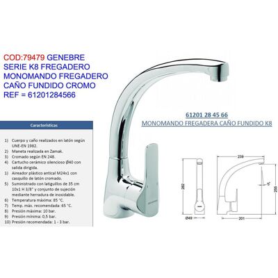 Genebre Grifo K8 Monomando Fregadero C/fundido Cromo=61201284566 Genebre Grifo K8 Monomando Fregadero C/fundido Cromo=61201284566