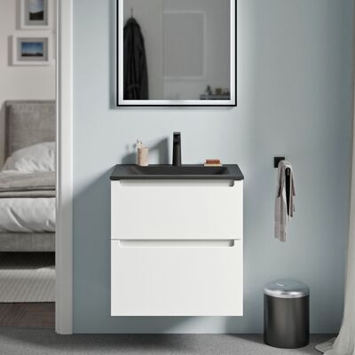 Bernstein - Mueble Lavabo Suspendido Mdf Blanco Mate, Lavabo Fundición Negro Mate + Orificio Grifería, Cajone Giratorio 60x46x62cm Vireo Blanco Mate, Negro Mate Con Orificio Para Grifo. Bernstein - Mueble Lavabo Suspendido Mdf Blanco Mate, Lavabo Fundición Negro Mate + Orificio Grifería, Cajone Giratorio 60x46x62cm Vireo Blanco Mate, Negro Mate Con Orificio Para Grifo.