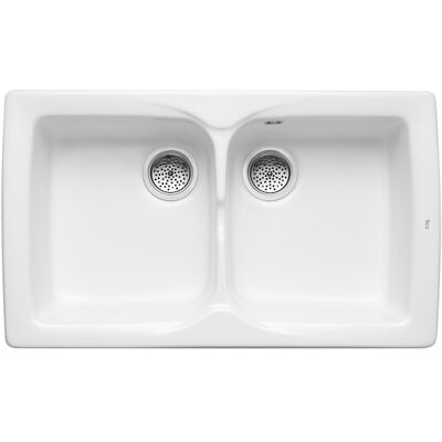 Fregadero de cocina de gres Roca Beverly 2 cubetas - Rectangular, Sobre encimera, Blanco Fregadero de cocina de gres Roca Beverly 2 cubetas - Rectangular, Sobre encimera, Blanco