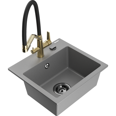 Mexen Milo Fregadero De Granito De 1 Cuenco Con Grifo De Cocina Duo, Gris - 6505-71-671701-57-b Mexen Milo Fregadero De Granito De 1 Cuenco Con Grifo De Cocina Duo, Gris - 6505-71-671701-57-b