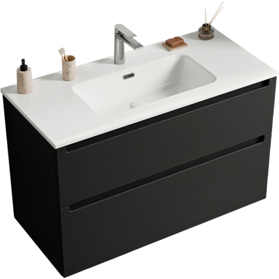 Bernstein - Mueble Lavabo Suspendido Mdf Negro Mate 100x46x62cm, Senos Blancos + Desagüe Pop-up + Orificio Grifería - Vireo 100 Negro Mate Bernstein - Mueble Lavabo Suspendido Mdf Negro Mate 100x46x62cm, Senos Blancos + Desagüe Pop-up + Orificio Grifería - Vireo 100 Negro Mate