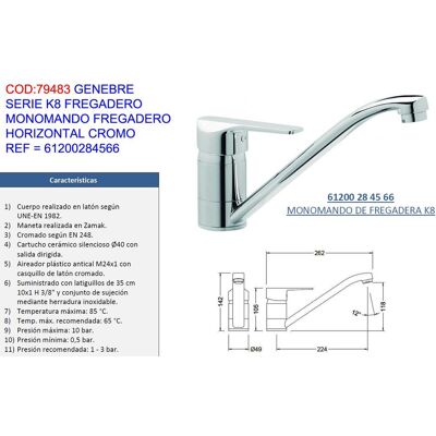 Genebre Grifo K8 Monomand Fregadero Horizontal Cr 61200284566 Genebre Grifo K8 Monomand Fregadero Horizontal Cr 61200284566
