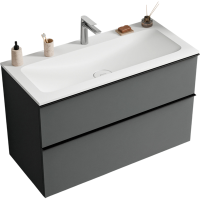 Bernstein - Mueble Lavabo Suspendido Mdf Antracita Mate, Lavabo Fundición Blanco Mate + Orificio Grifería, Tirador Cromado 80x46x62cm - Lavoa Antracita Mate, Cromo, Blanco Mate Con Orificio Para Grifo Bernstein - Mueble Lavabo Suspendido Mdf Antracita Mate, Lavabo Fundición Blanco Mate + Orificio Grifería, Tirador Cromado 80x46x62cm - Lavoa Antracita Mate, Cromo, Blanco Mate Con Orificio Para Grifo
