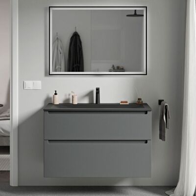 Bernstein - Mueble Lavabo Suspendido Mdf Antracita Mate, Lavabo + Orificio Grifería Fundición Negro Mate, Cajone Giratorio 80x46x62cm Vireo Antracita Mate, Negro Mate Con Orificio Para Grifo. Bernstein - Mueble Lavabo Suspendido Mdf Antracita Mate, Lavabo + Orificio Grifería Fundición Negro Mate, Cajone Giratorio 80x46x62cm Vireo Antracita Mate, Negro Mate Con Orificio Para Grifo.