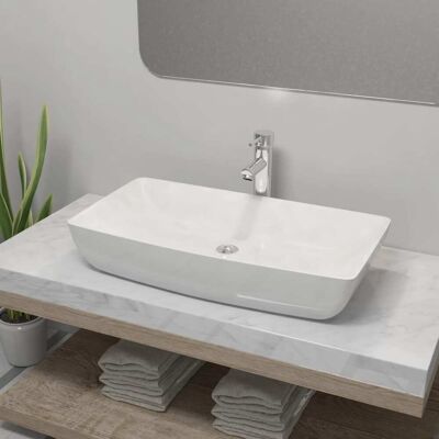 vidaXL Lavabo de baño de cerámica blanca con grifo mezclador - Lavabo vidaXL Lavabo de baño de cerámica blanca con grifo mezclador - Lavabo