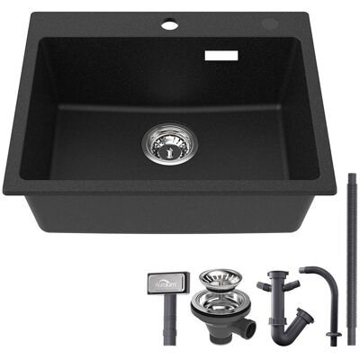 AURALUM Fregadero De Cocina De Granito Y Resina 55x45cm Fregaderos Sobrepuesto De Una Cubeta Con Desagüe Y Sifón, Fregadero Cocina Sobre Encimera, Negro Granito AURALUM Fregadero De Cocina De Granito Y Resina 55x45cm Fregaderos Sobrepuesto De Una Cubeta Con Desagüe Y Sifón, Fregadero Cocina Sobre Encimera, Negro Granito