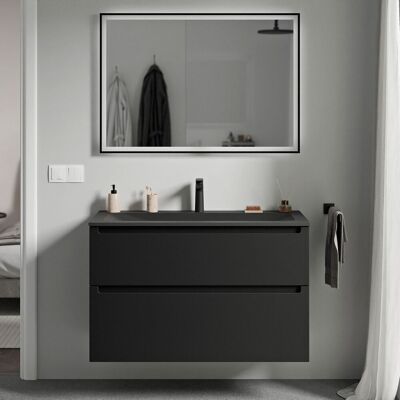 Bernstein - Mueble Lavabo Suspendido Mdf Negro Mate, Lavabo + Orificio Grifería Fundición Negro Mate, Cajone Giratorio 80x46x62cm Vireo Negro Mate, Negro Mate Con Orificio Para Grifo. Bernstein - Mueble Lavabo Suspendido Mdf Negro Mate, Lavabo + Orificio Grifería Fundición Negro Mate, Cajone Giratorio 80x46x62cm Vireo Negro Mate, Negro Mate Con Orificio Para Grifo.