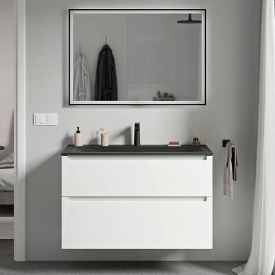 Bernstein - Mueble Lavabo Suspendido Mdf Blanco Mate, Lavabo Fundición Negro Mate + Orificio Grifería, Cajone Giratorio 100x46x62cm Vireo Blanco Mate, Negro Mate Con Orificio Para Grifo. Bernstein - Mueble Lavabo Suspendido Mdf Blanco Mate, Lavabo Fundición Negro Mate + Orificio Grifería, Cajone Giratorio 100x46x62cm Vireo Blanco Mate, Negro Mate Con Orificio Para Grifo.