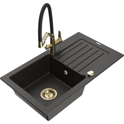 Mexen Pablo Fregadero De Granito De 1 Seno Con Escurridor Y Grifo De Cocina Duo, Negro/dorado Met谩lico - 6510-75-671701-57-g Mexen Pablo Fregadero De Granito De 1 Seno Con Escurridor Y Grifo De Cocina Duo, Negro/dorado Met谩lico - 6510-75-671701-57-g