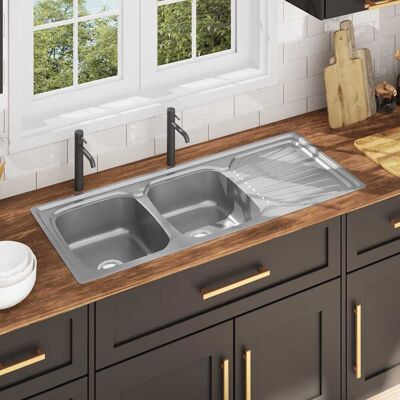 Fregadero de cocina de acero inoxidable doble de vidaXL - Resistente a golpes y arañazos Fregadero de cocina de acero inoxidable doble de vidaXL - Resistente a golpes y arañazos