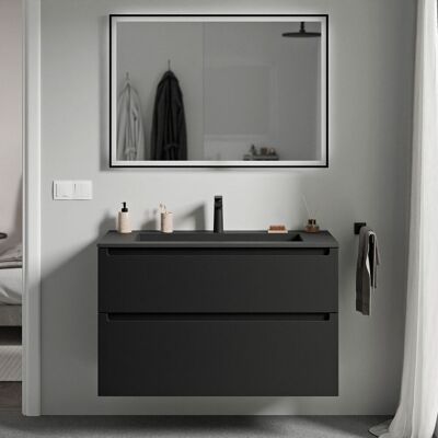 Bernstein - Mueble Lavabo Suspendido Mdf Negro Mate, Lavabo Fundición Negro Mate + Orificio Grifería, Cajone Giratorio 100x46x62cm Vireo Negro Mate, Negro Mate Con Orificio Para Grifo. Bernstein - Mueble Lavabo Suspendido Mdf Negro Mate, Lavabo Fundición Negro Mate + Orificio Grifería, Cajone Giratorio 100x46x62cm Vireo Negro Mate, Negro Mate Con Orificio Para Grifo.