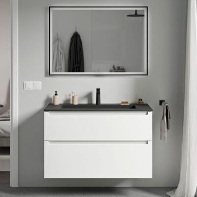 Bernstein - Mueble Lavabo Suspendido Mdf Blanco Mate, Lavabo Fundición Negro Mate + Orificio Grifería, Cajone Giratorio 100x46x62cm Vireo Blanco Mate, Negro Mate Con Orificio Para Grifo. Bernstein - Mueble Lavabo Suspendido Mdf Blanco Mate, Lavabo Fundición Negro Mate + Orificio Grifería, Cajone Giratorio 100x46x62cm Vireo Blanco Mate, Negro Mate Con Orificio Para Grifo.