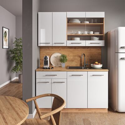 Vicco - Cocina Para Solteros Fame-line, Blanco Brillo Intenso/roble Dorado, 140 Cm , Et Mármol Vicco - Cocina Para Solteros Fame-line, Blanco Brillo Intenso/roble Dorado, 140 Cm , Et Mármol