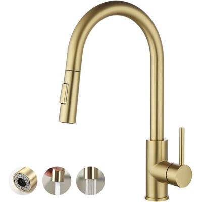 OEM Grifo Mezclador Extraíble Para Fregadero De Cocina, Color Oro Cepillado - Caño Giratorio De Arco Ancho - Grifo Monomando Con Toma De Agua G3/8 OEM Grifo Mezclador Extraíble Para Fregadero De Cocina, Color Oro Cepillado - Caño Giratorio De Arco Ancho - Grifo Monomando Con Toma De Agua G3/8